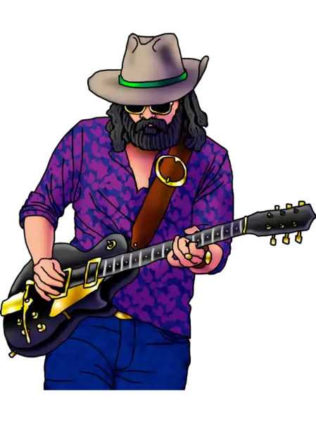 A bearded man wearing a cowboy hat plays an electric guitar.