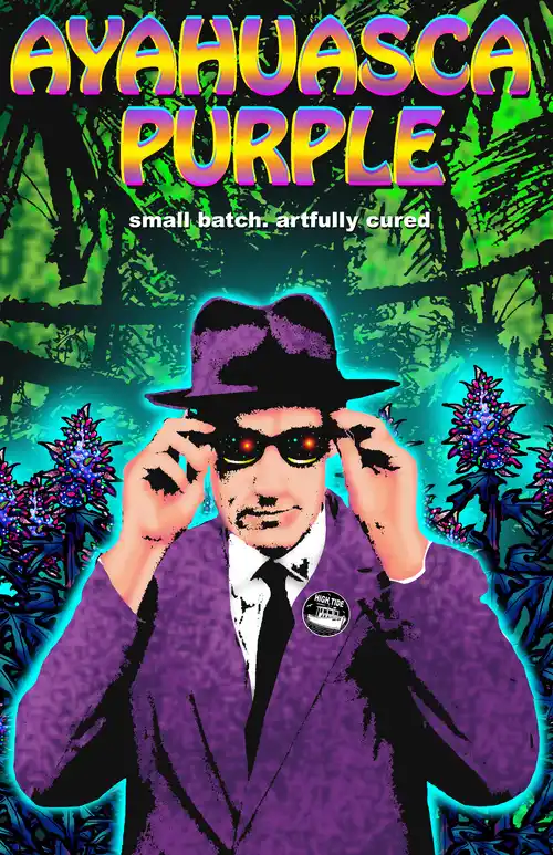 Ayahuasca Purple. A man wearing a purple suit and hat adjusts his sunglasses.