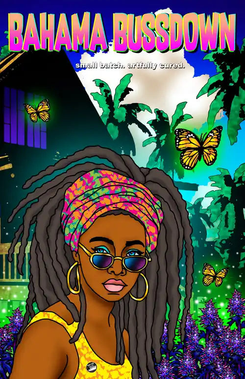 Bahama Bussdown. A woman wearing hoop earrings and sunglasses is surrounded by palm trees and butterflies.