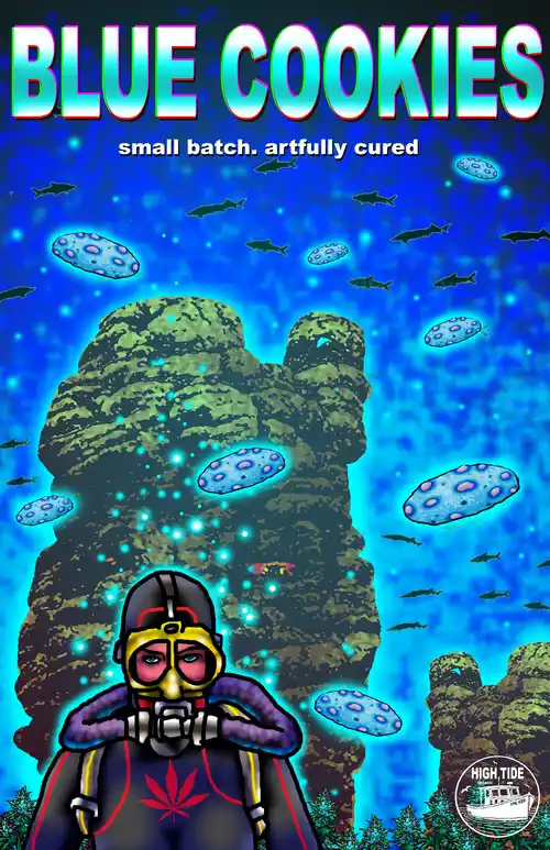 Blue Cookies. A person in a diving suit, surrounded by rock structures, fish, and blue cookies.