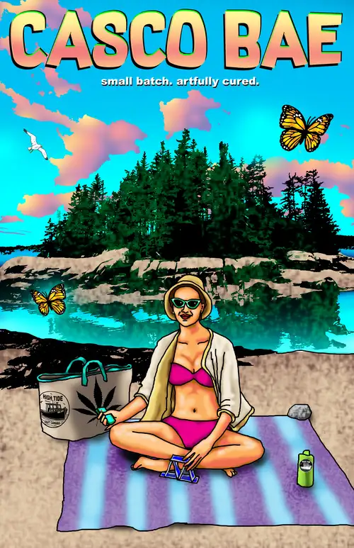 Casco Bae. A woman wearing a pink bikini, sunglasses, and a bucket hat sits on a beach. She's stacking cards in front of her on her beach towel.