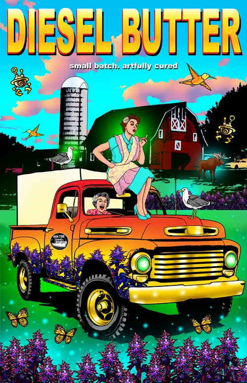 Diesel Butter. A woman is excitedly driving an antique pickup truck. Another woman is sitting on the truck's roof. There's a barn in the background.