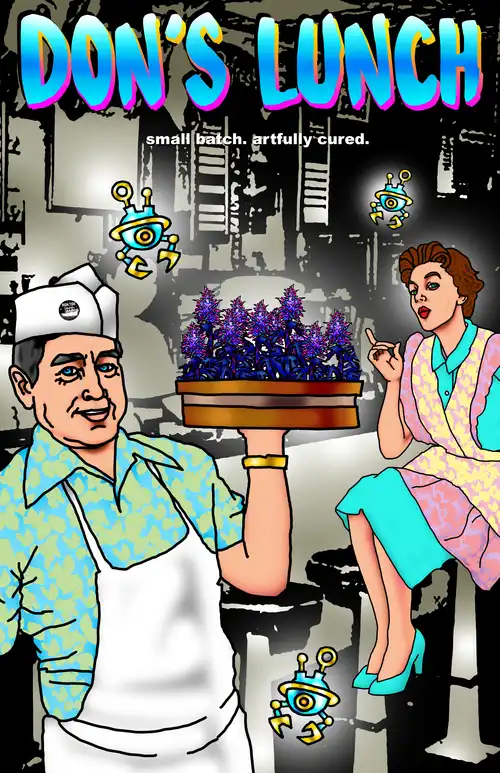 Don's Lunch. A smiling man wearing a 1950s-style chef's hat and apron presents a platter of purple cannabis buds. A woman sits in the background wearing a bright blue dress & shoes and has a puckered expression.