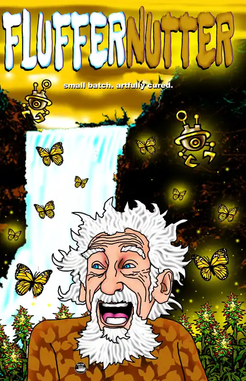 Fluffernutter. An old man with wild white hair, a brownish-yellow shirt, and an ecstatic expression. There's a waterfall in the background.