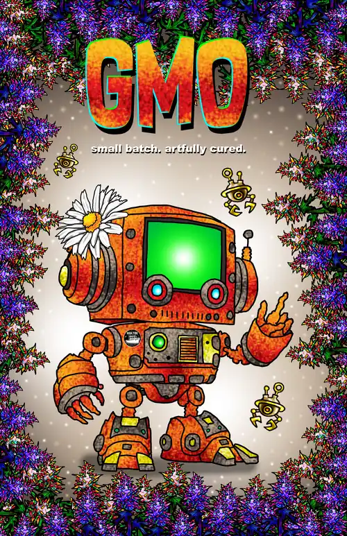 GMO. A cute orange robot wearing a flower behind its ear.