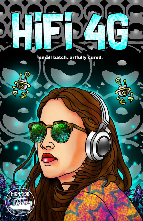 HiFi 4G. A woman with sparkly glasses listening to music on silver headphones.