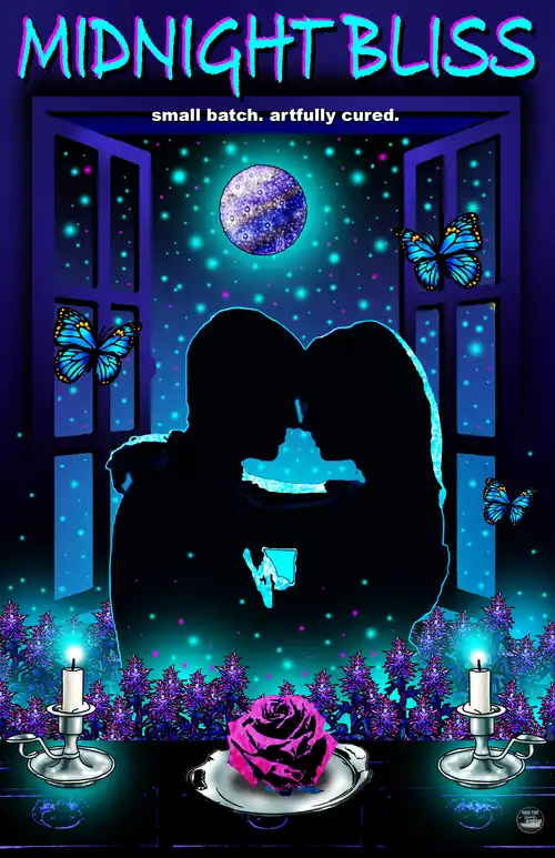 The silhouettes of two lovers embrace each other with their noses touching. A window behind them is open to a full moon and a starry night sky. Blue butterflies flutter around them and in front of them is a pink flower on a plate and two candles.