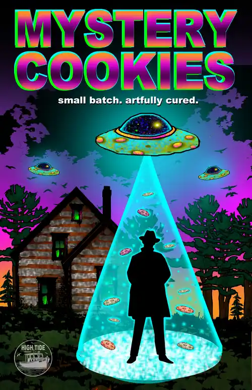 Mystery Cookies. An alien spaceship, seemingly made of cookies, casts a beam on the silhouette of a mysterious person wearing a coat and hat.